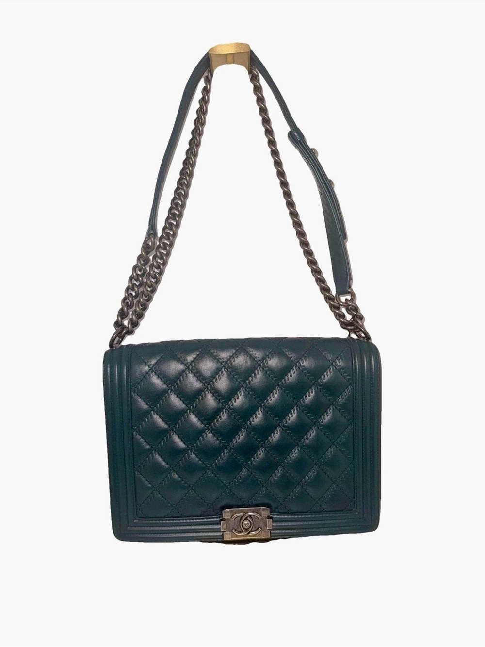 CHANEL Caviar Quilted Large Boy Flap Black in Rare Emerald Green
